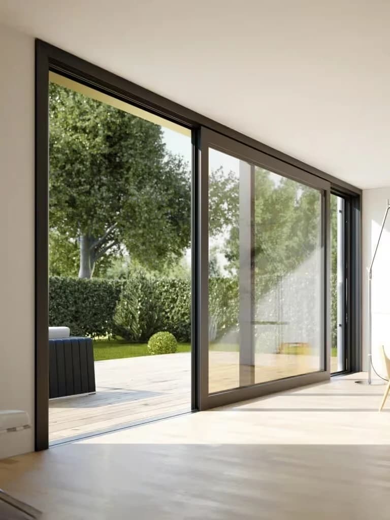 Moderne antraciet schuifpui met zicht op de tuin